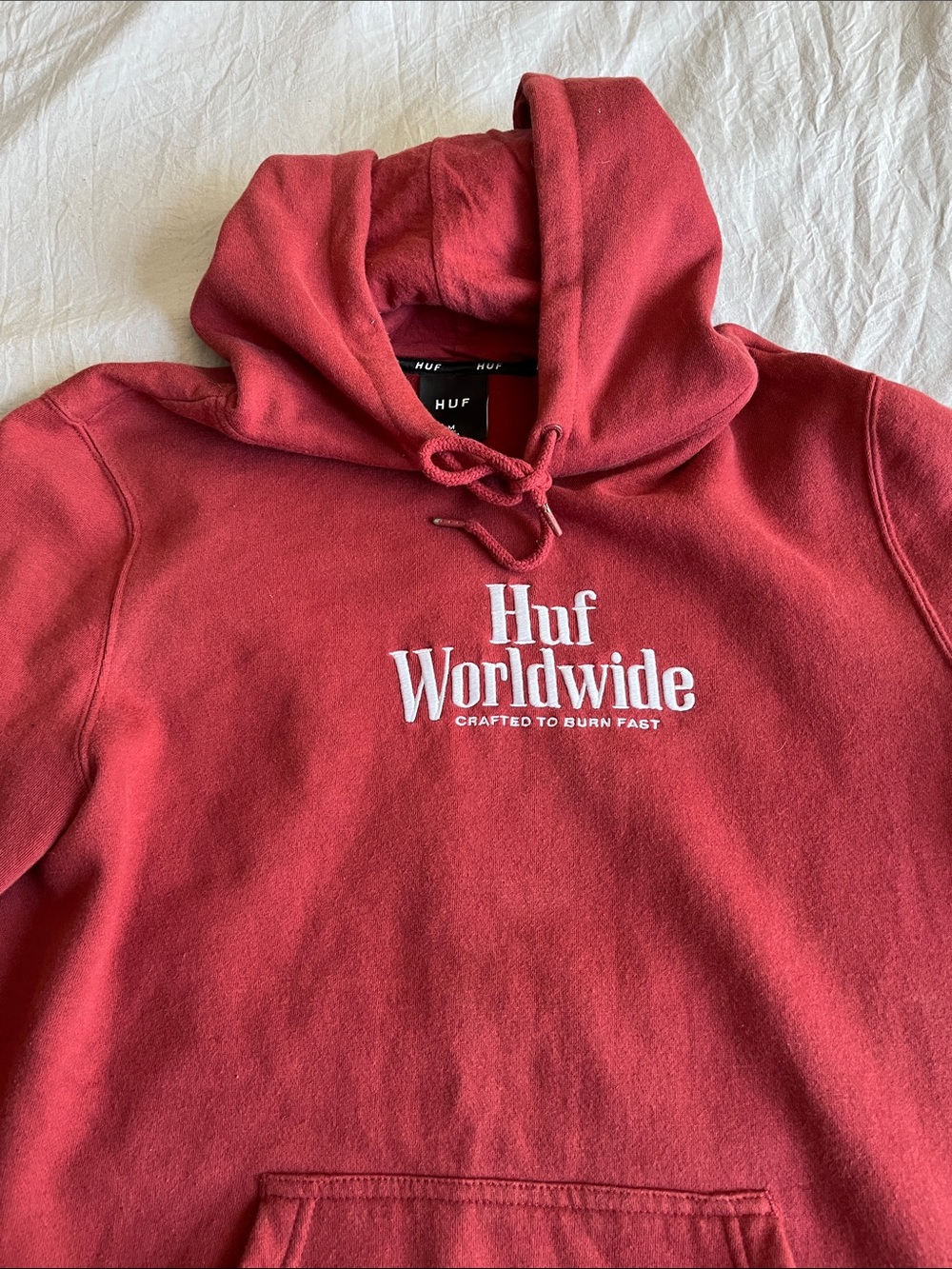 HUF Red Crewneck Hoodie with White 'Huf Worldwide' Logo
